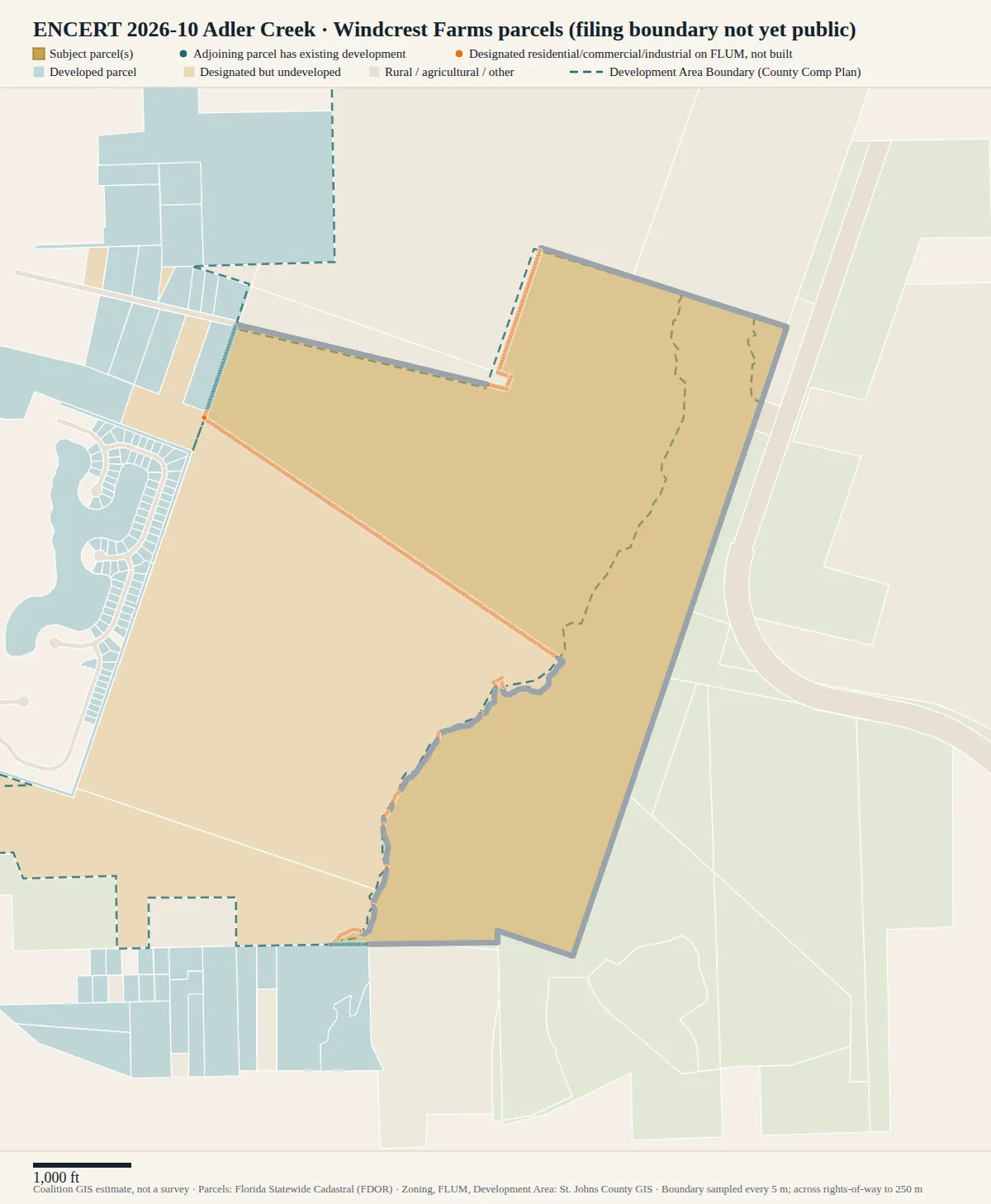 Parcel map for Adler Creek: subject land in gold with classified boundary dots and surrounding parcels
