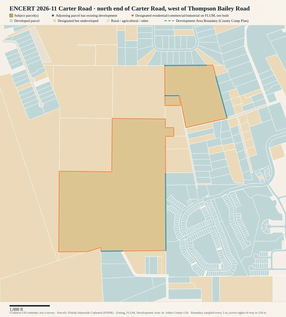 Parcel map of ENCERT 2026-11, Carter Road: subject land in gold, each boundary segment classified by what lies across it