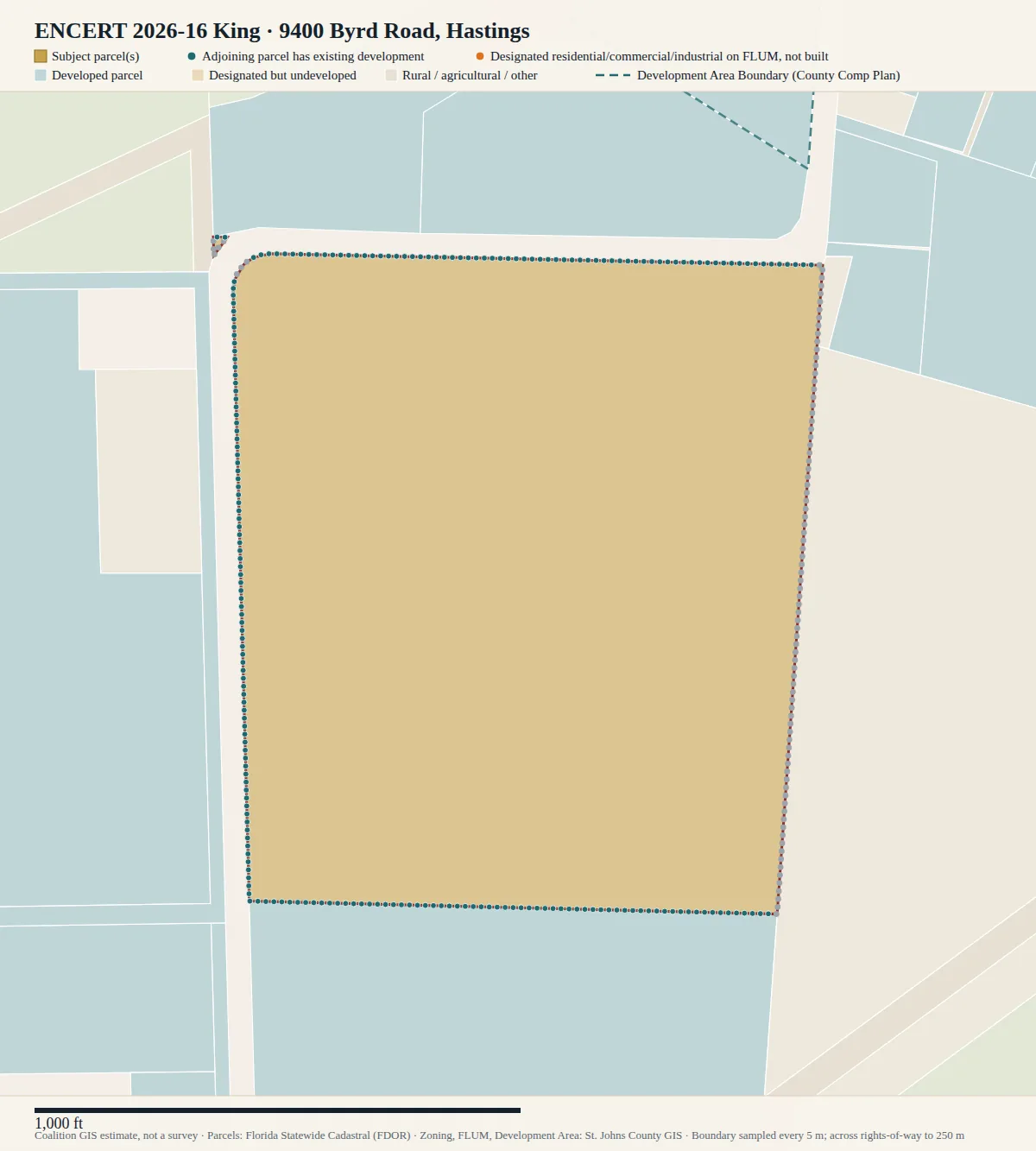 Parcel map for King: subject land in gold with classified boundary dots and surrounding parcels