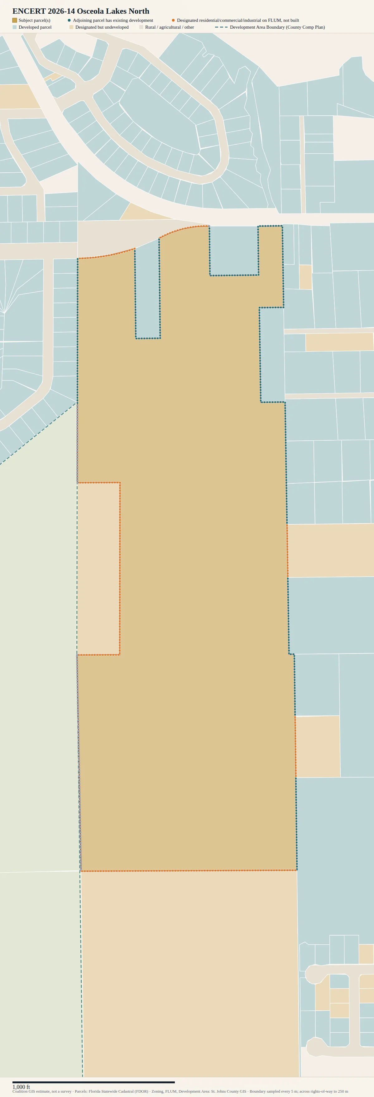 Parcel map for Osceola Lakes North: subject land in gold with classified boundary dots and surrounding parcels