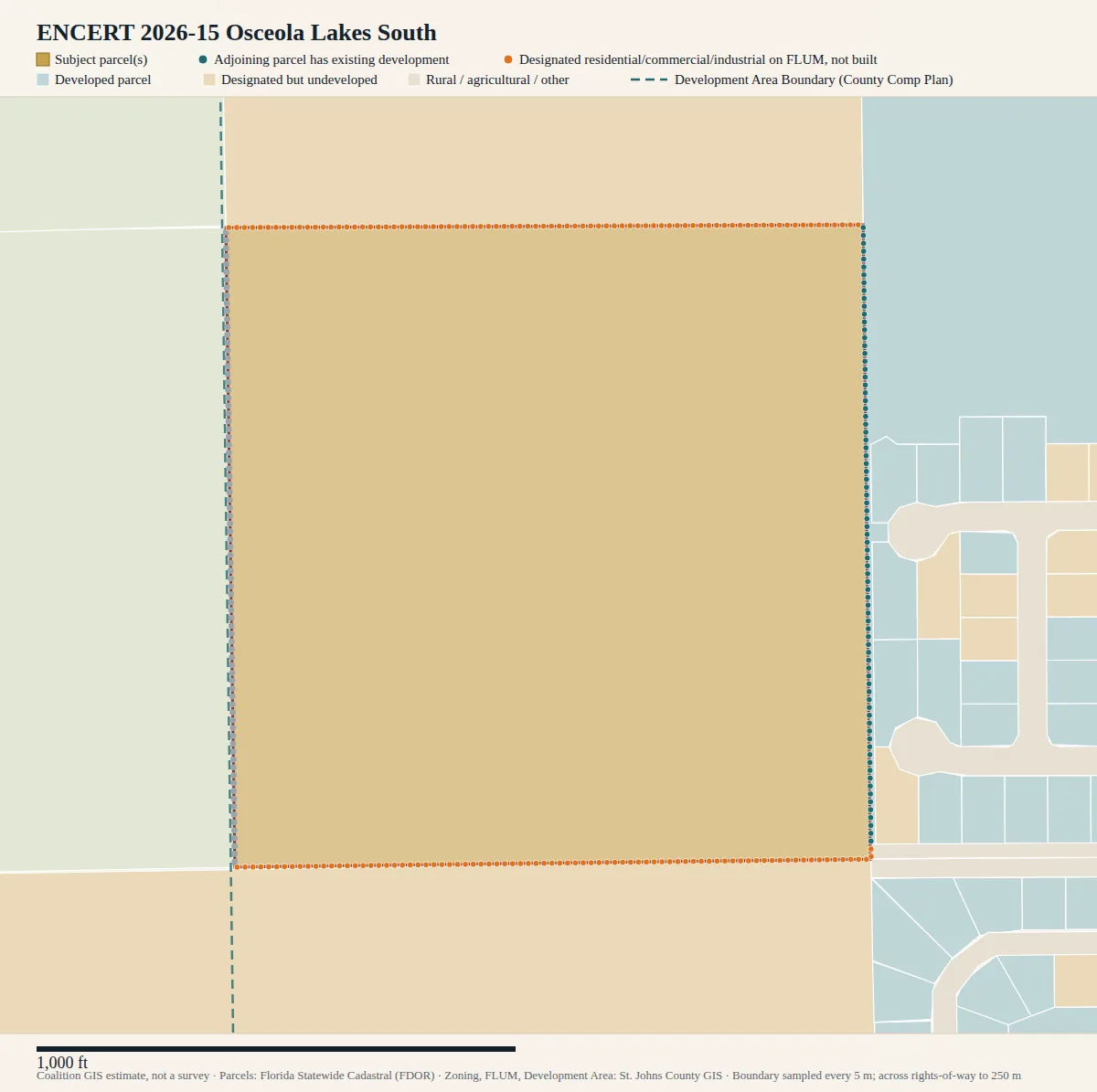 Parcel map for Osceola Lakes South: subject land in gold with classified boundary dots and surrounding parcels