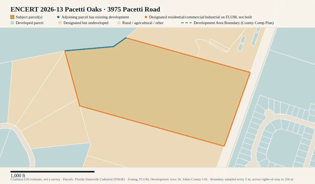 Parcel map for Pacetti Oaks: subject land in gold with classified boundary dots and surrounding parcels