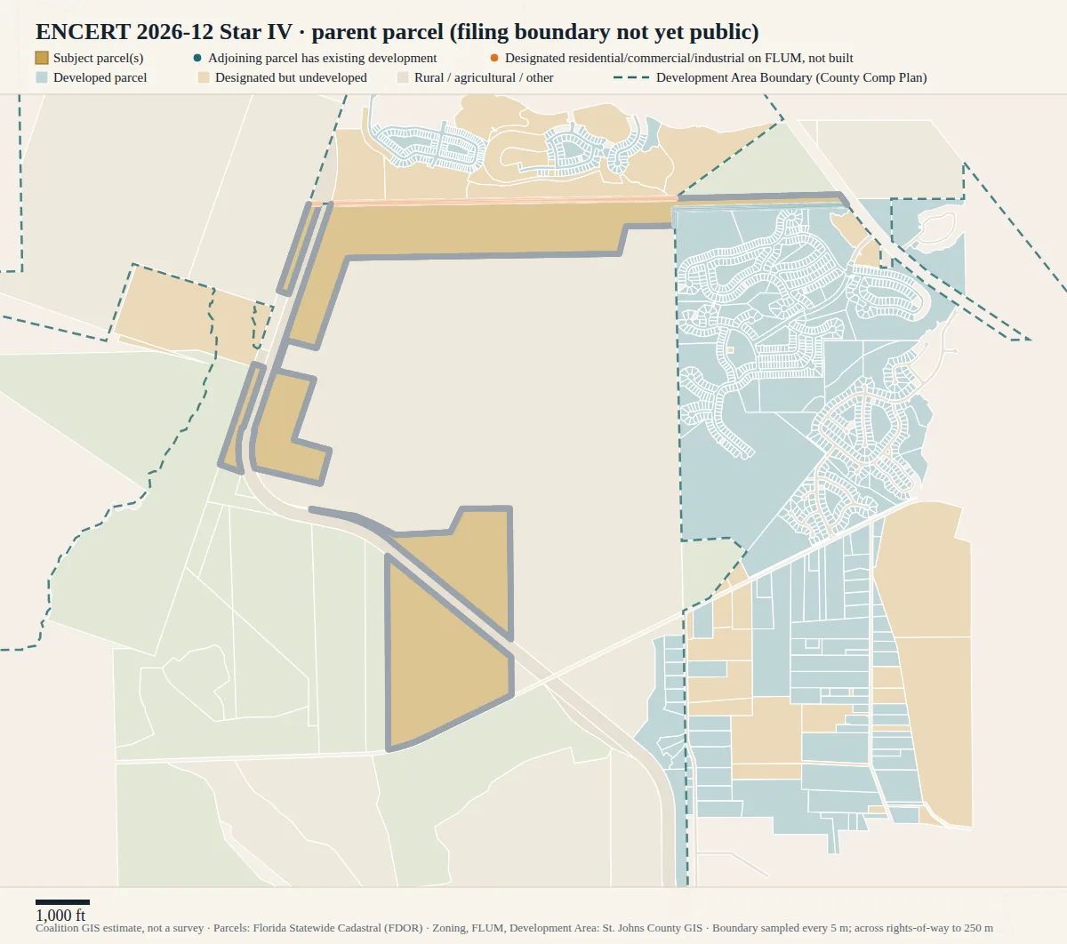 Parcel map for Star IV: subject land in gold with classified boundary dots and surrounding parcels